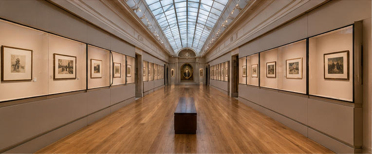 Plaster wall art vitrine for continuous skylight gallery corridors