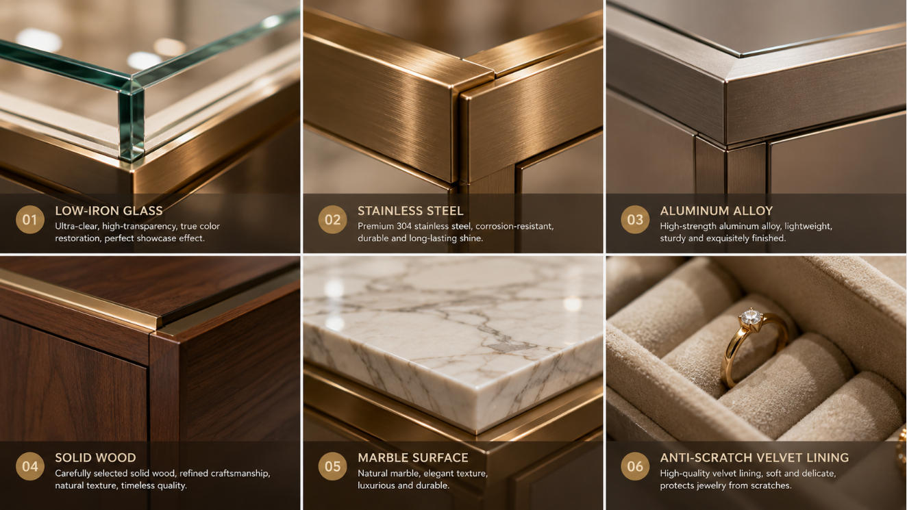 Jewelry store fixture materials including glass metal wood stone velvet and integrated lighting