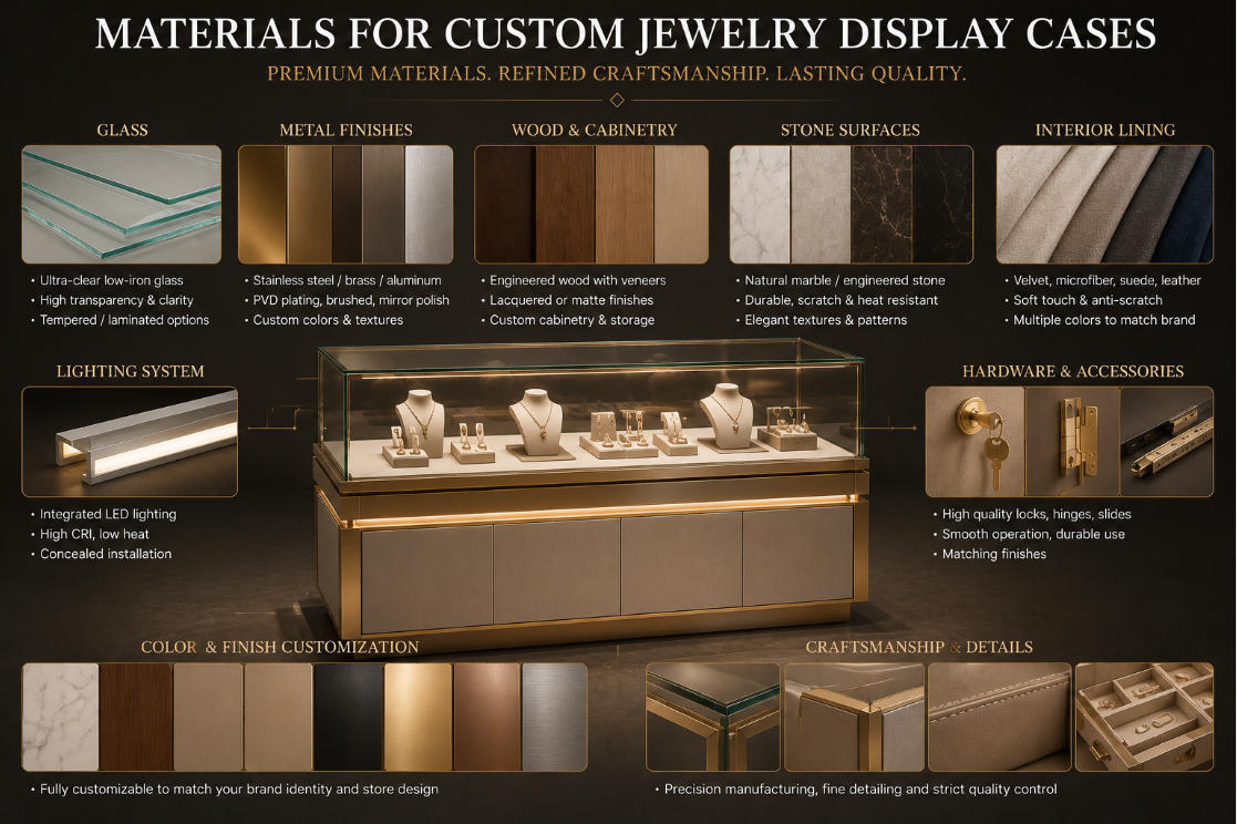 Custom jewelry display case materials including glass metal cabinetry leather finishes lighting and hardware