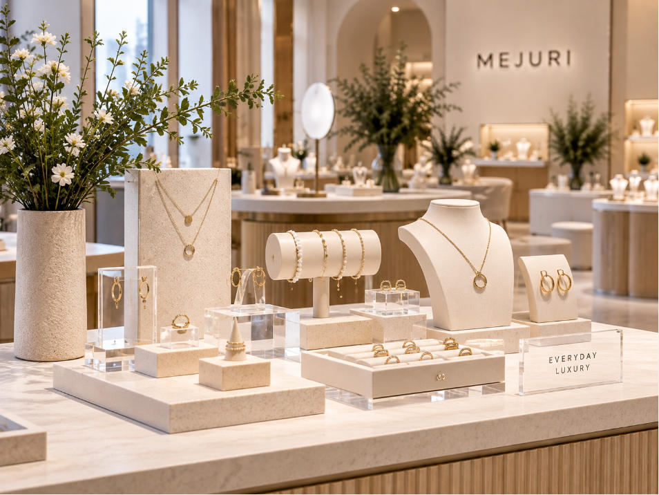 Minimalist everyday jewelry display with white stone acrylic and clean presentation details