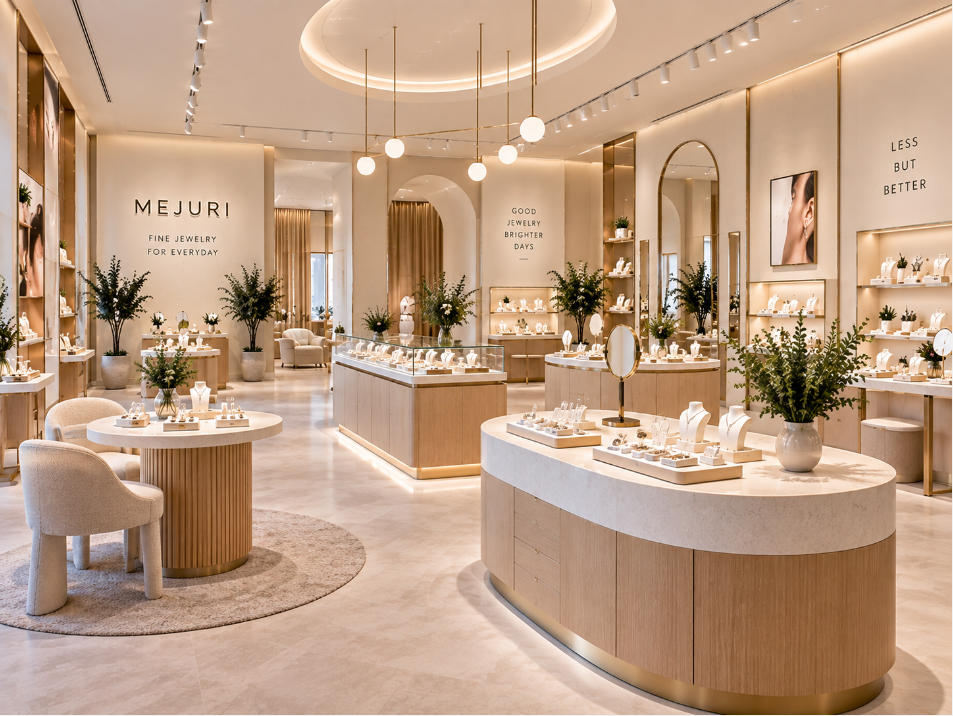 Open minimalist jewelry store layout with interactive try-on displays inside Mejuri Toronto