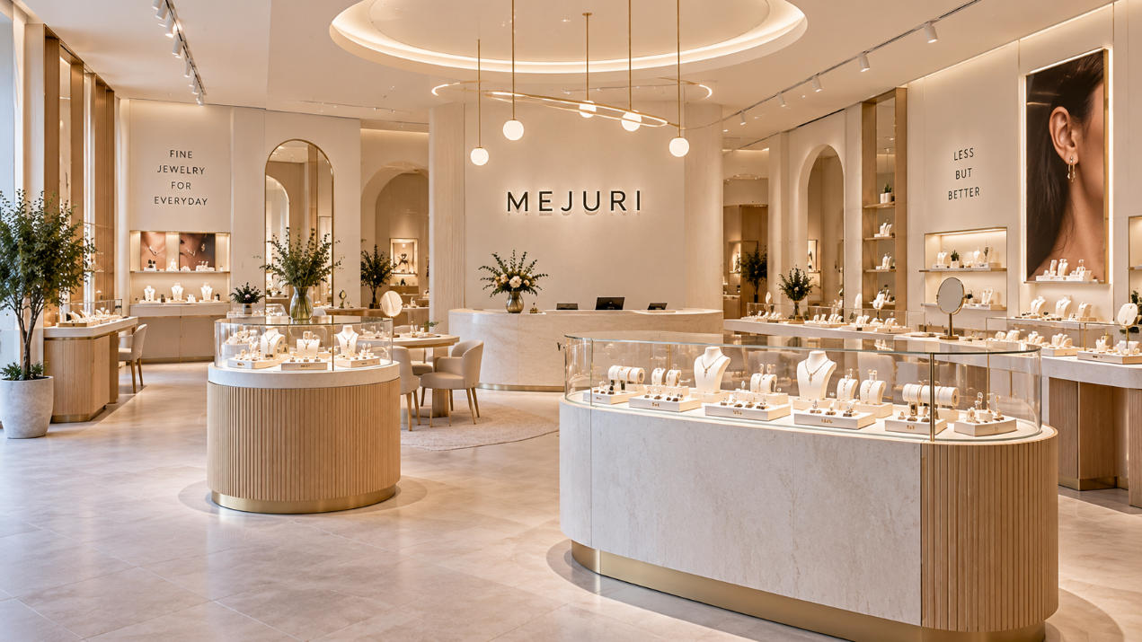 Mejuri Toronto minimalist jewelry display cases in modern everyday jewelry concept store