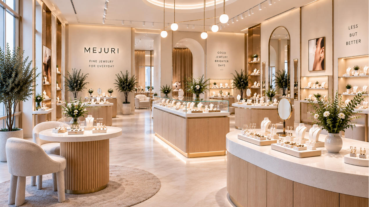Completed Mejuri Toronto interior with minimalist jewelry display cases and open retail layout