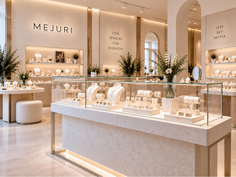 Minimalist jewelry display case with white stone white metal acrylic and integrated LED lighting