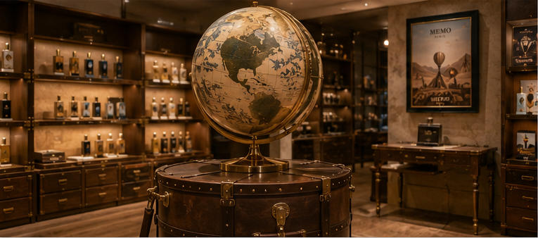 Globe focal plinth for limited travel perfume exhibits