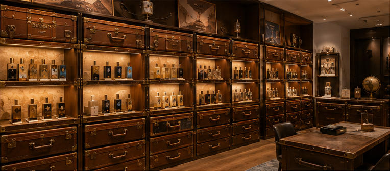 Leather luggage wall vitrine for travel fragrance gallery walls
