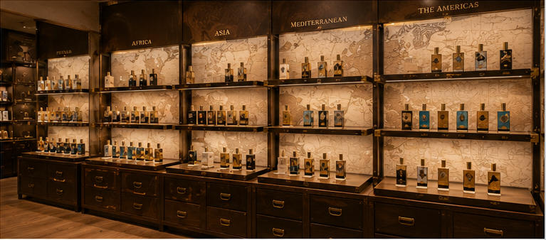 Travel map scent rack for destination scent classification aisles