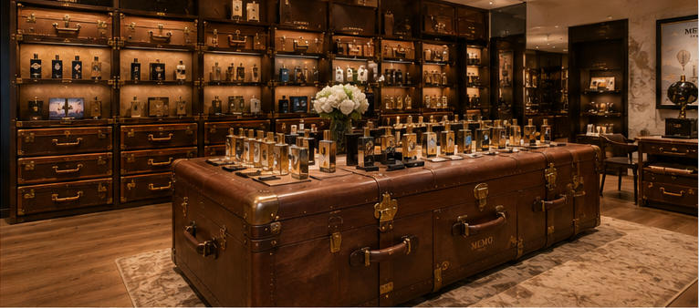 Vintage suitcase perfume island for central travel tasting zone
