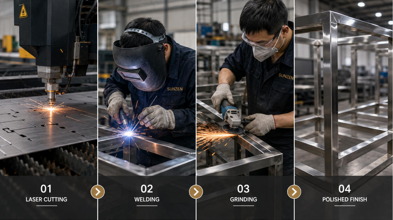 Jewelry showcase metal fabrication process including laser cutting welding grinding and polishing