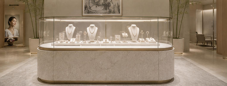 Clear pearl showcase for entrance window focal display