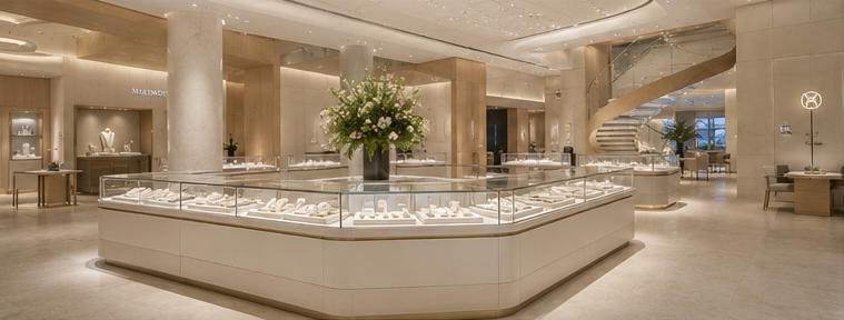 White stone island for central open browsing atrium
