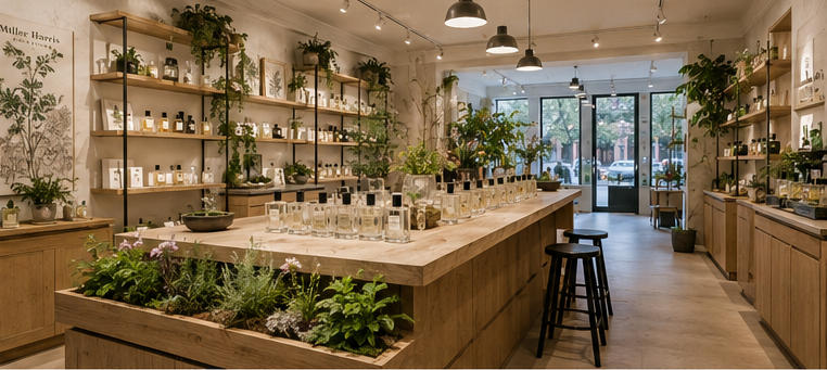 Botanical wood tasting island for central plant-inspired scent zone