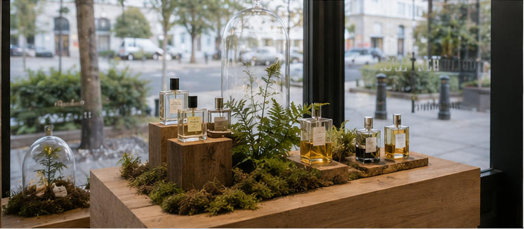 Natural light display plinth for street front signature perfume exhibits
