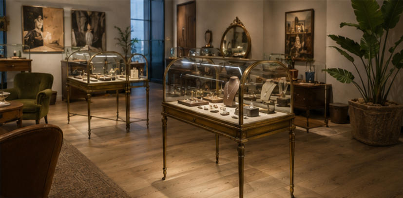 Low art jewelry counters for artistic handmade gem collections
