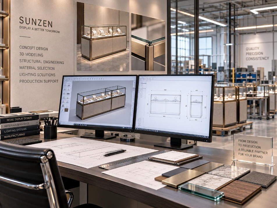 Modular display case manufacturer engineering coordinated showcase dimensions structures glass lighting and production interfaces