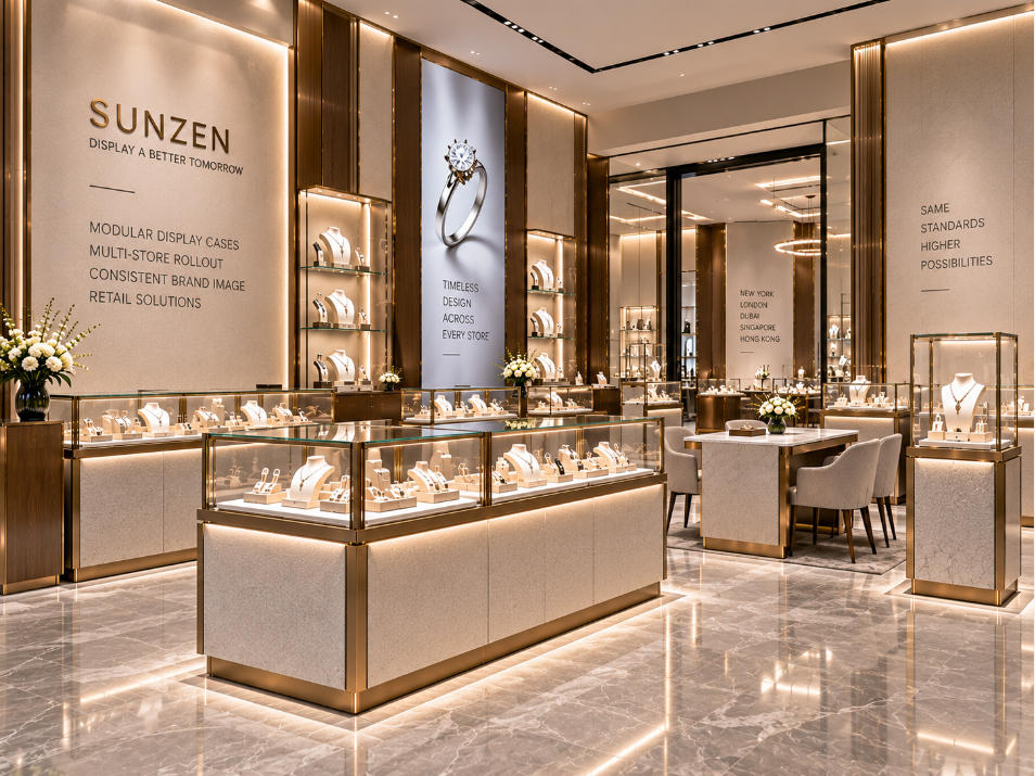 Modular display case manufacturer producing coordinated jewelry showcases for multi-store retail rollout