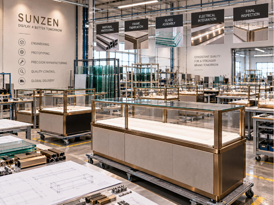 Modular display case manufacturer coordinating engineering prototype glass metalwork assembly and repeat production
