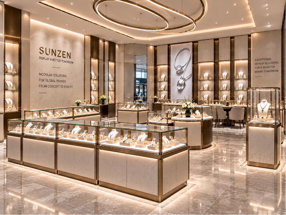 Completed modular display case project with coordinated counters islands wall showcases and freestanding display modules