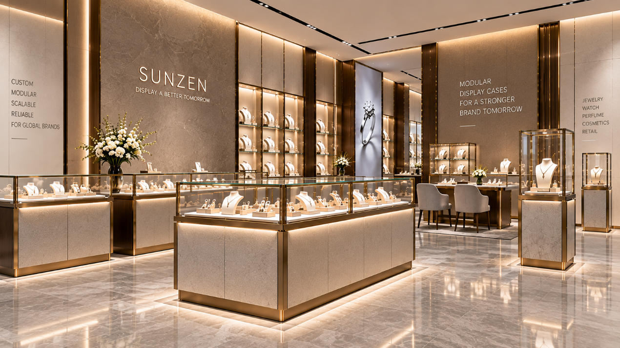 Modular display case manufacturers producing coordinated glass showcases for scalable retail and multi-store projects