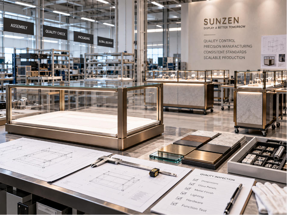 Modular display case manufacturing control with prototype inspection dimensional checks finish samples and repeat production