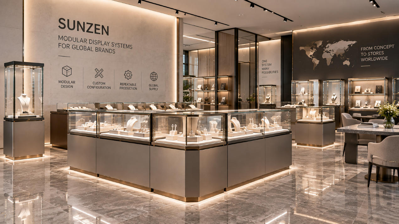 Modular display case supplier providing configurable display systems for retail brands jewelry stores and commercial rollout projects