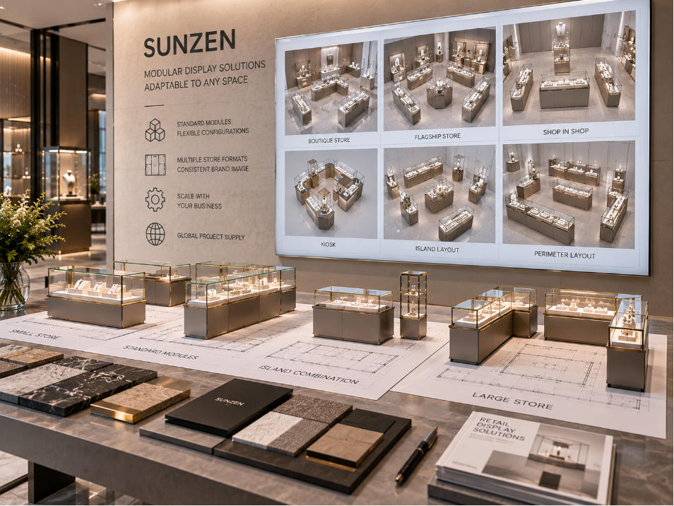 Modular display case supplier coordinating repeatable display modules across different retail store footprints and configurations