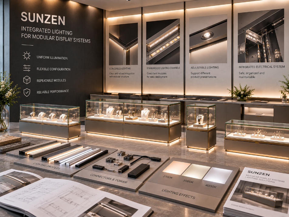 Modular display case system with repeatable integrated lighting channels electrical interfaces and configurable product presentation