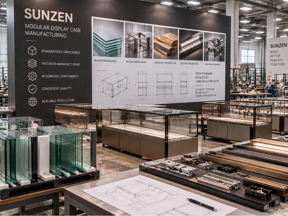 Modular display case supplier connecting approved module standards glass metalwork cabinetry lighting and hardware with manufacturing