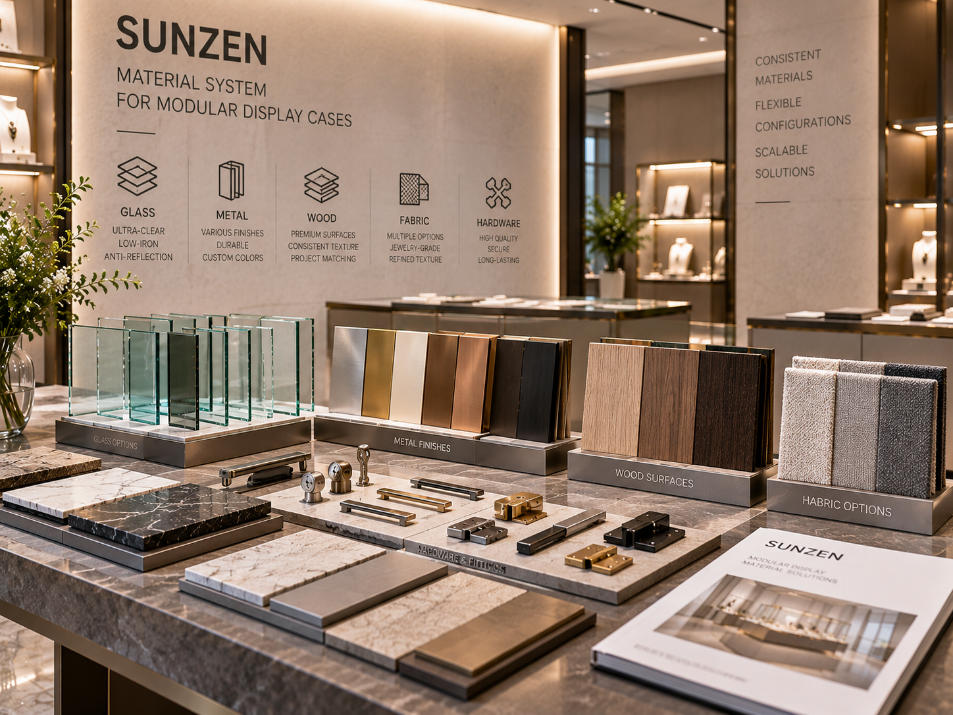 Modular display case supplier coordinating repeatable glass metal wood surface fabric and hardware finish standards across a display system