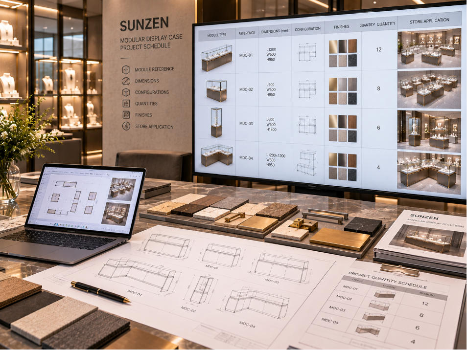 Modular display case supplier coordinating module references dimensions configurations quantities finishes and store-specific fixture schedules