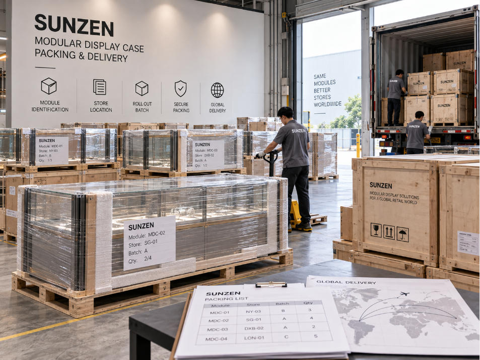 Modular display cases identified by module reference store location and rollout batch for organized packing and commercial project delivery