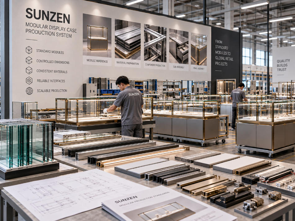 Modular display case manufacturing using controlled module references dimensions materials interfaces and repeatable production standards
