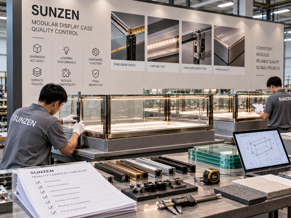 Modular display case quality control checking repeated dimensions interfaces finishes lighting hardware and compatibility between modules