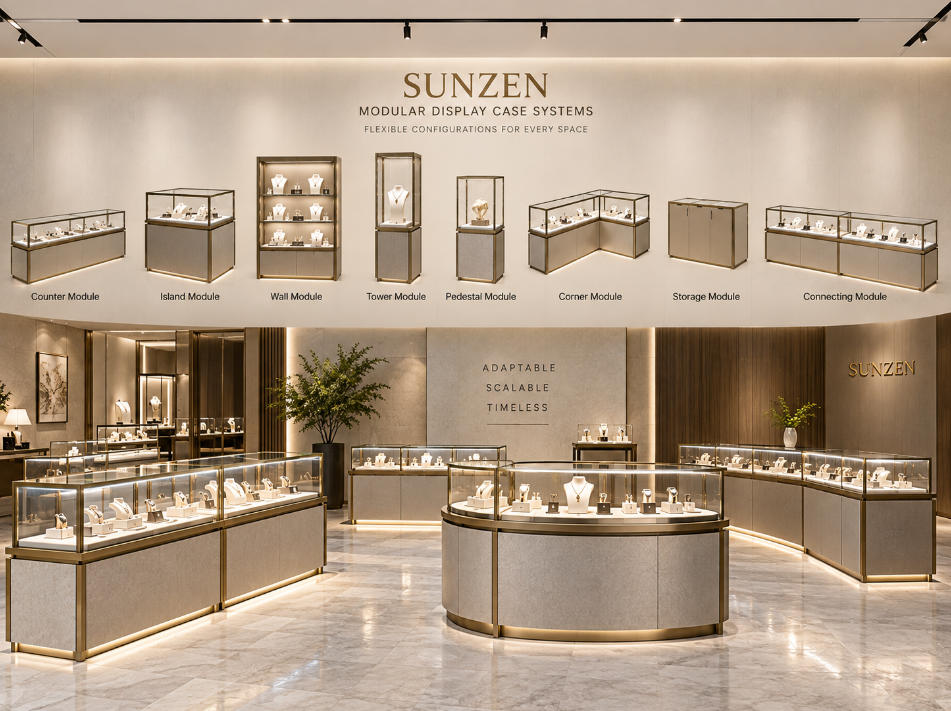 Modular glass display case configurations including counters islands wall displays towers and freestanding showcases