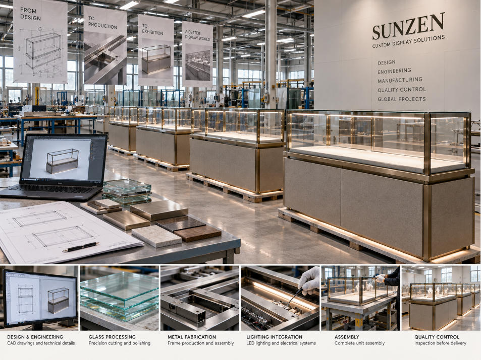 Modular glass display case manufacturing with CAD engineering glass processing metal fabrication assembly and quality control