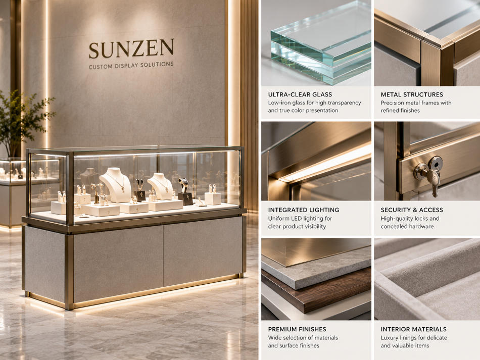 Modular glass display case materials with ultra-clear glass metal structures integrated lighting locks and premium finishes