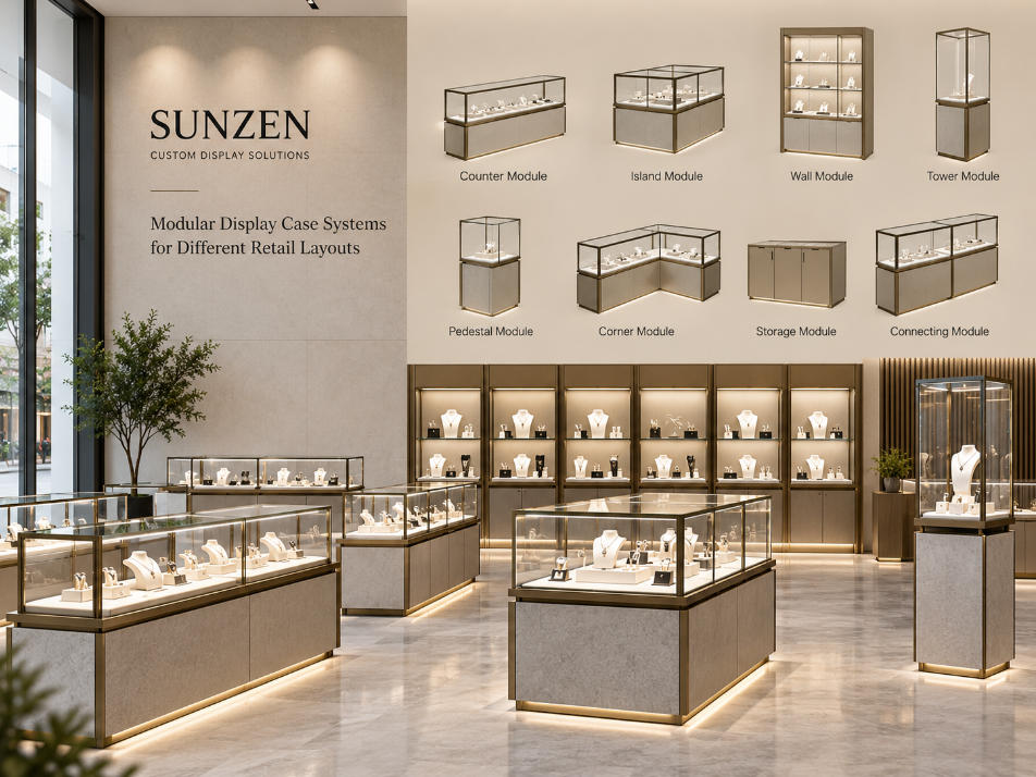 Modular glass display case system showing configurable showcase modules for different retail layouts