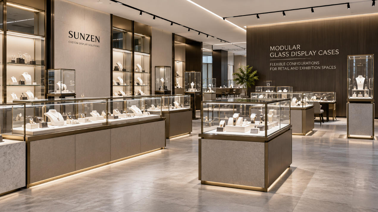 Modular glass display cases with configurable glass showcases lighting and flexible structures for retail and exhibition spaces