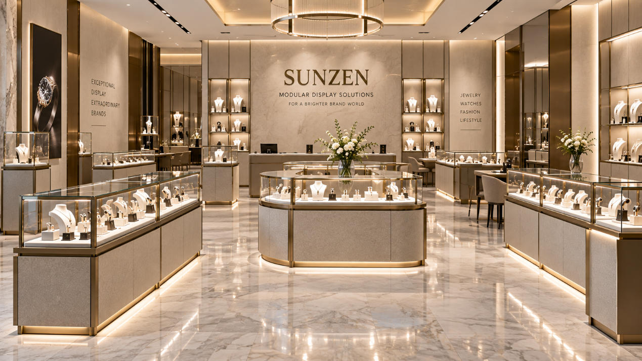 Completed retail project using modular glass display cases with coordinated counters islands wall showcases and lighting