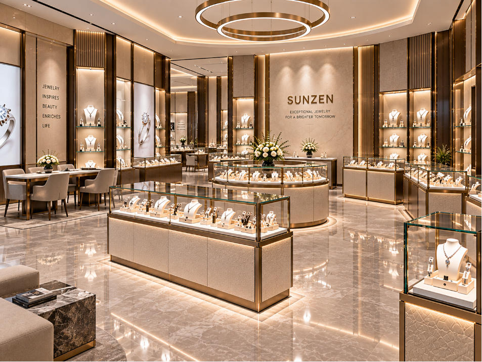 Completed jewelry store using coordinated modular glass display cases counters islands wall showcases and feature modules
