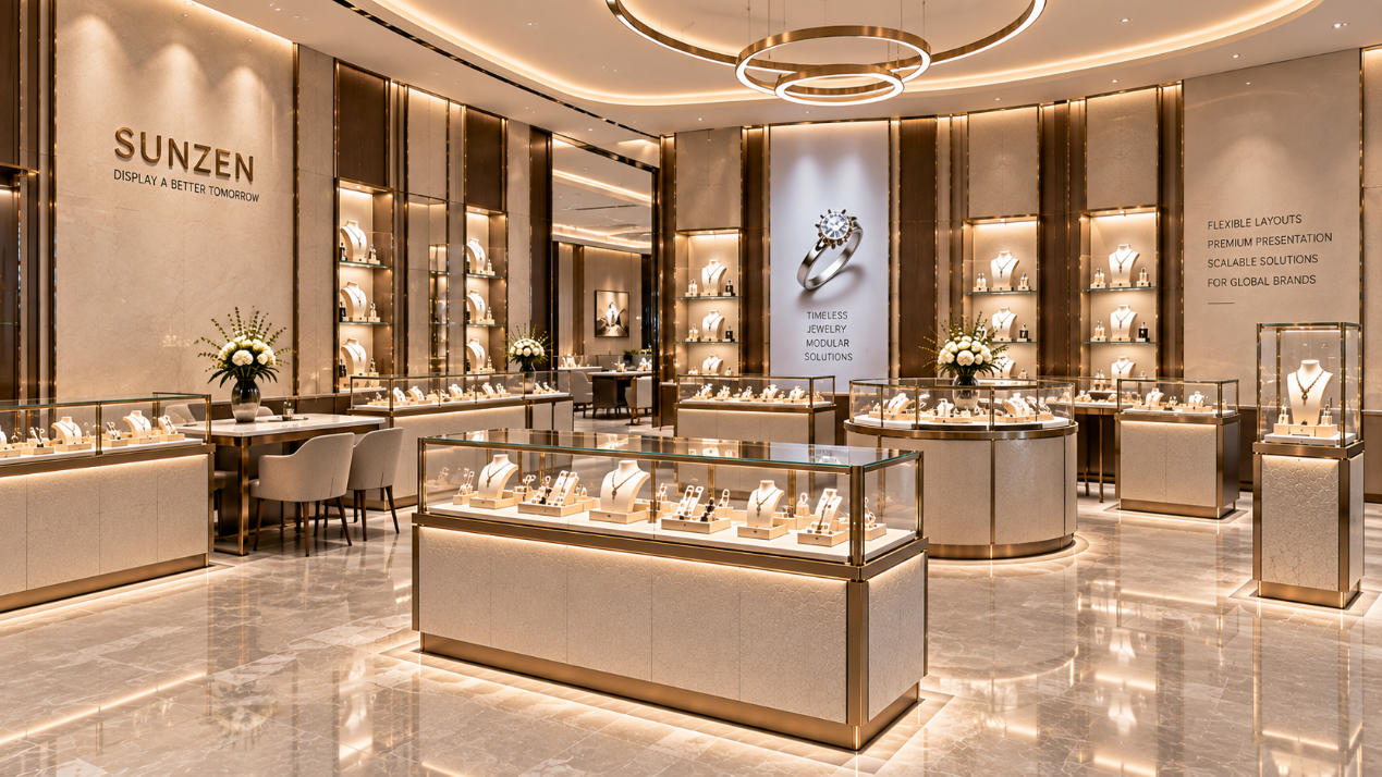Modular jewelry display cases coordinated across selling counters islands wall showcases and feature displays in a luxury jewelry store