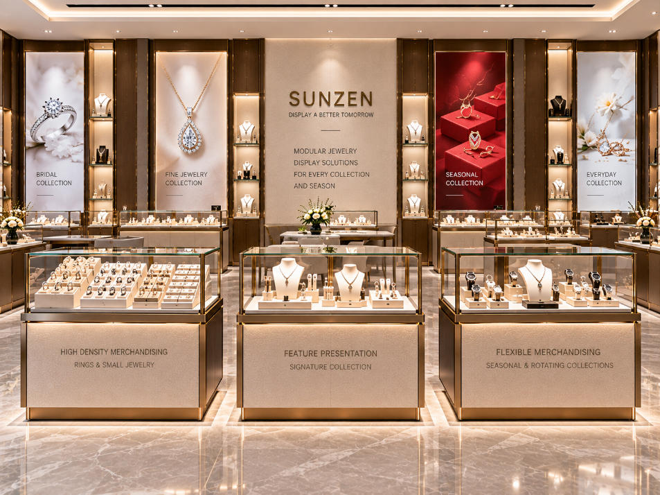 Modular jewelry display cases adapted for different jewelry collections merchandising densities and seasonal retail presentations
