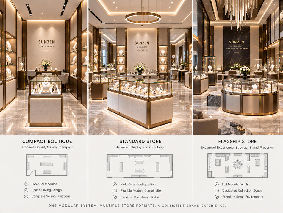 Modular jewelry display case system adapted across compact standard and flagship jewelry store formats