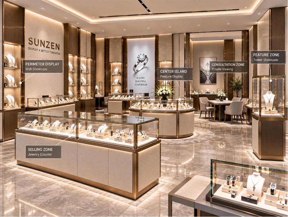 Modular jewelry display cases arranged around customer selling consultation browsing and feature presentation zones