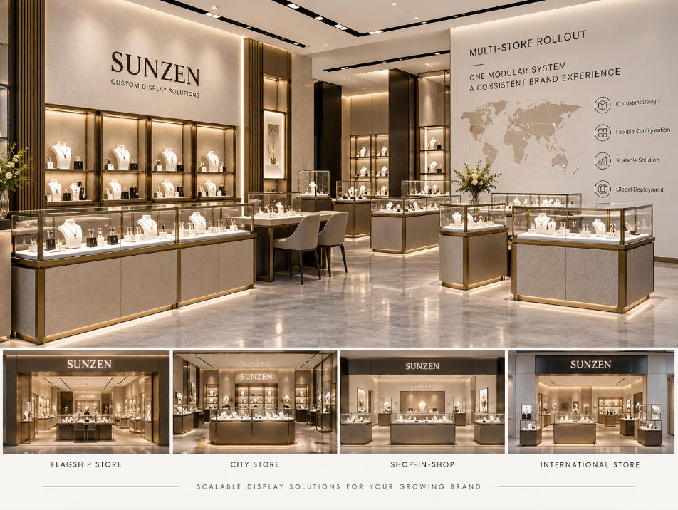 Modular retail display cases designed for repeatable multi-store rollout and flexible jewelry store configurations