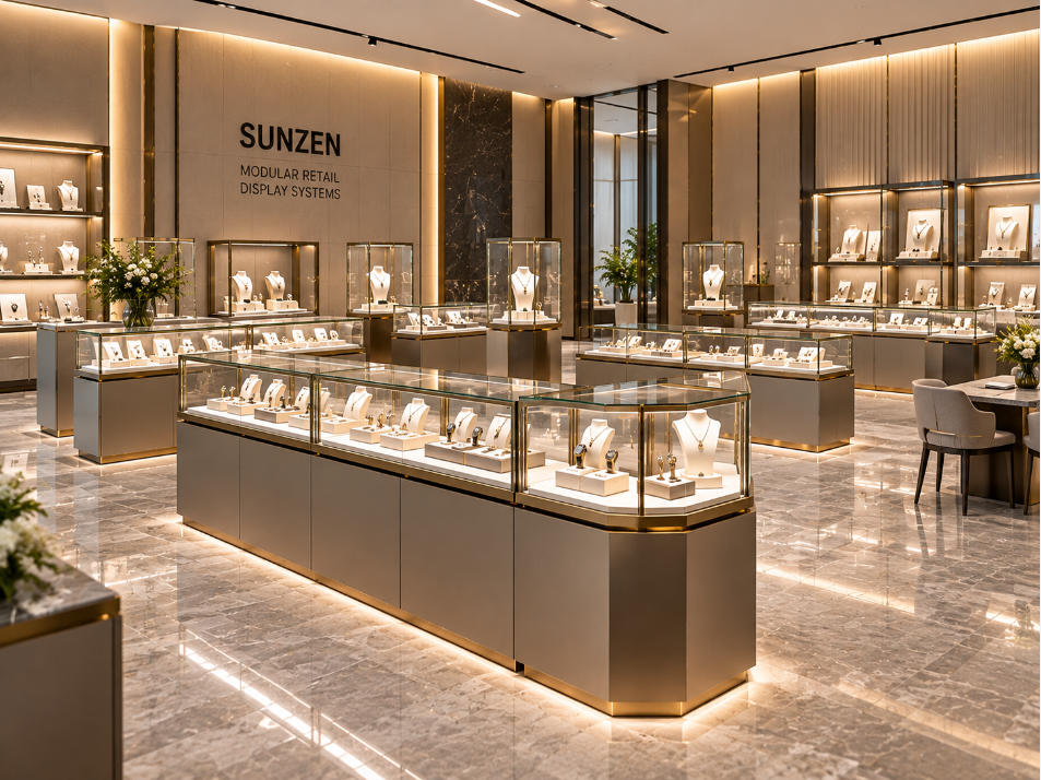 Modular retail display cases configured as islands counters wall displays and product presentation zones in a premium commercial environment
