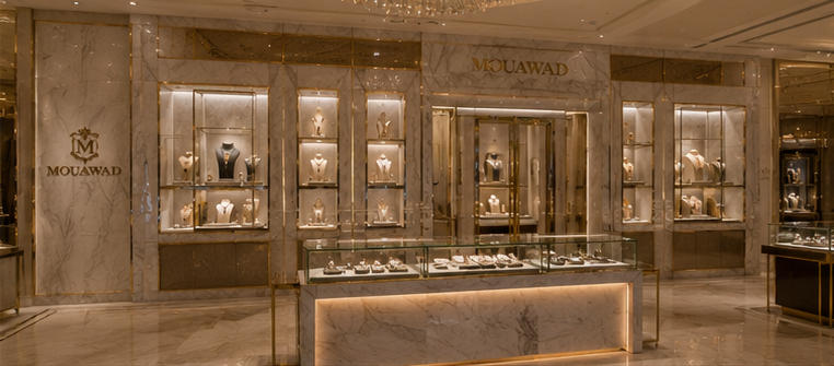 Champagne jewel stand for main circulation atrium