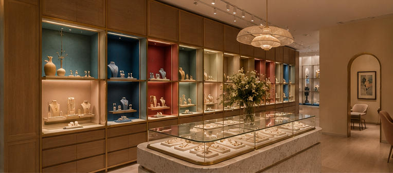 Stone jewelry island for central open browsing zone