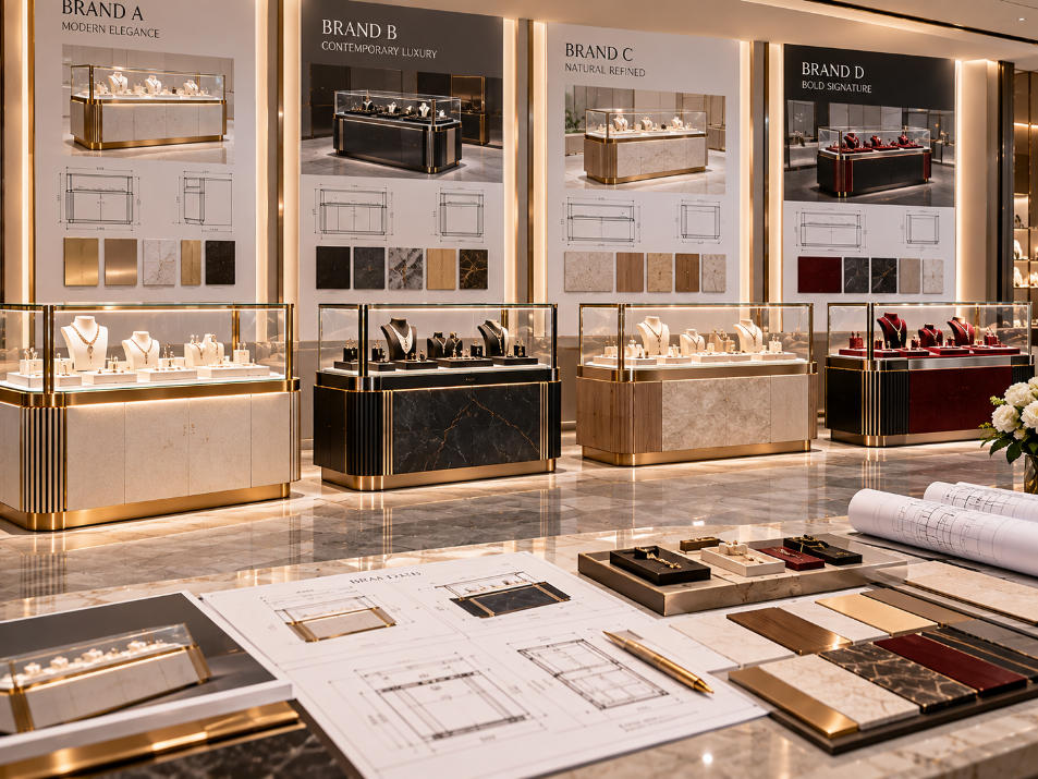 Custom jewelry display cases developed with different materials profiles lighting and interior presentation for multiple jewelry brands
