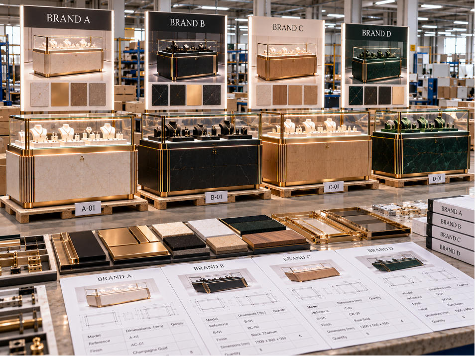 Multi brand jewelry display cases organized by brand code fixture reference finish specification and production quantity